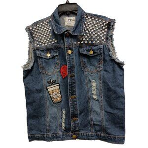 Fashion Patched Denim Vest Mens XL Blue Punk Biker Studded Distressed Customized